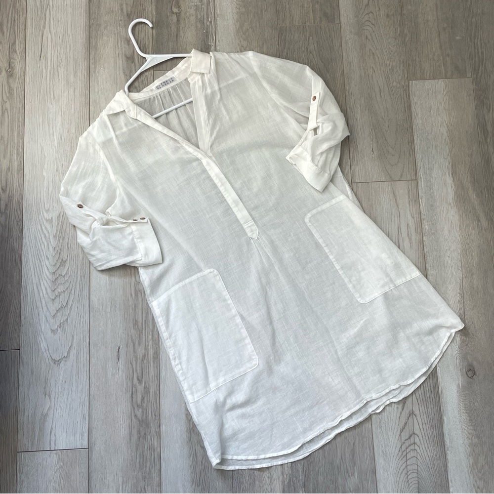 Barneys Shirt Dress cotton linen sheer mini womens White small contemporary